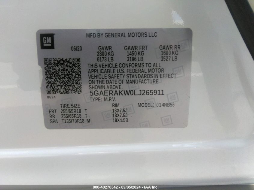 2020 Buick Enclave Fwd Preferred VIN: 5GAERAKW0LJ265911 Lot: 40270542