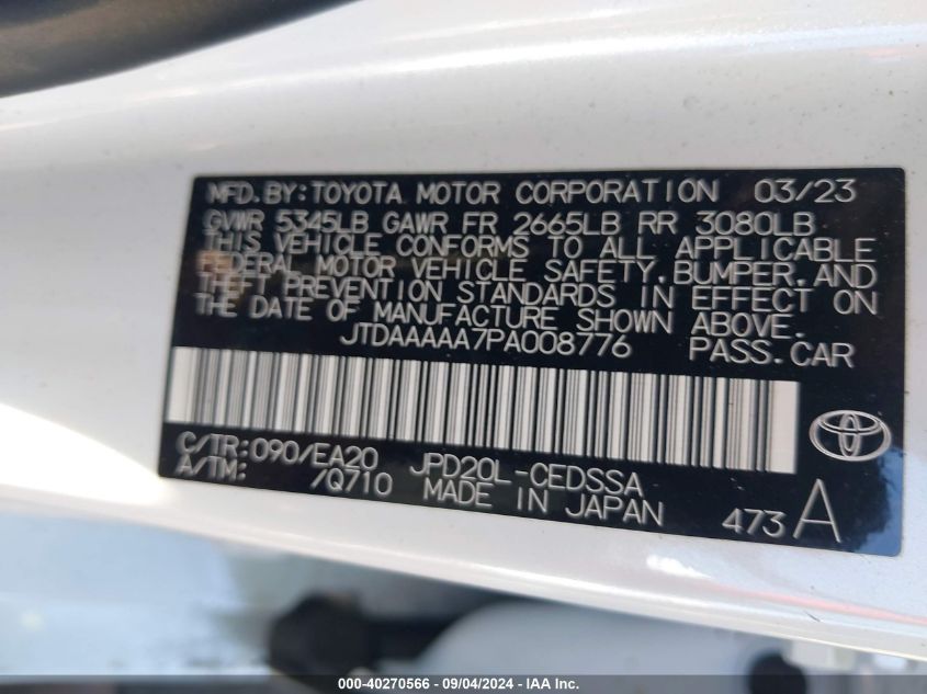 2023 Toyota Mirai Xle VIN: JTDAAAAA7PA008776 Lot: 40270566