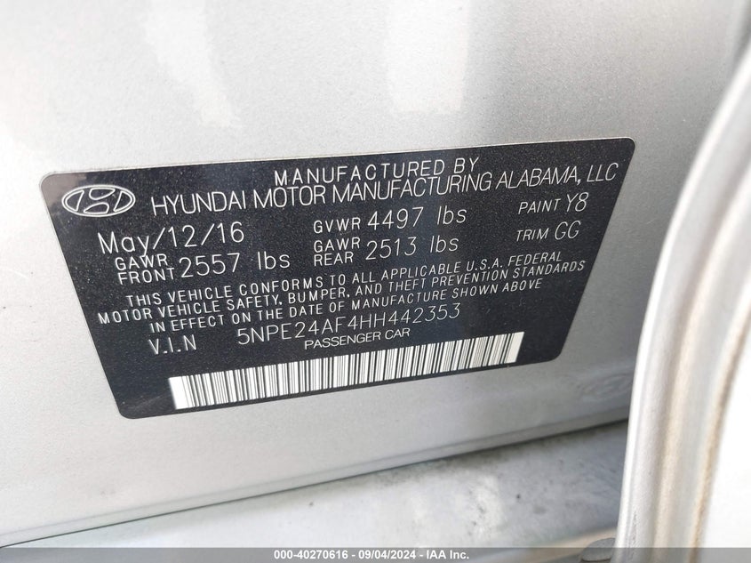 VIN 5NPE24AF4HH442353 2017 HYUNDAI SONATA