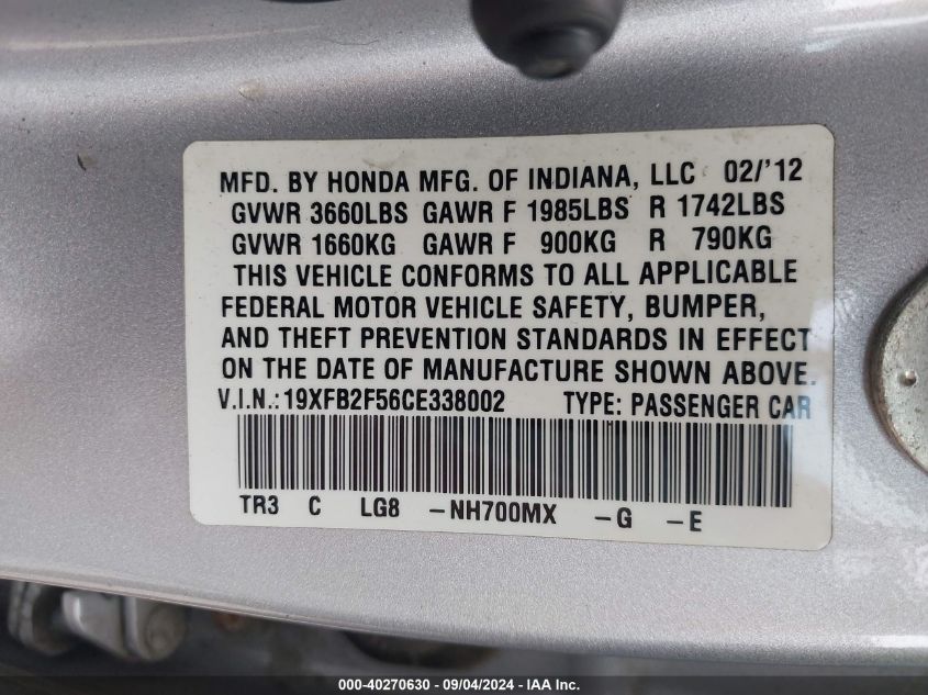 2012 Honda Civic Lx VIN: 19XFB2F56CE338002 Lot: 40270630