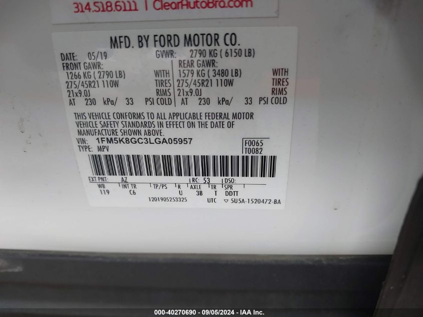 2020 Ford Explorer St VIN: 1FM5K8GC3LGA05957 Lot: 40270690