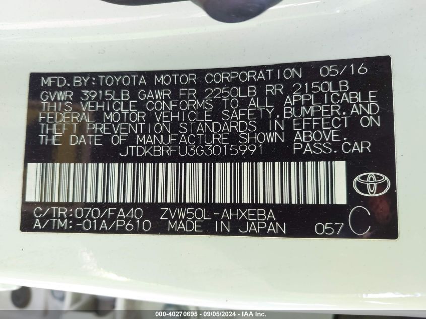 2016 Toyota Prius Two VIN: JTDKBRFU3G3015991 Lot: 40270695