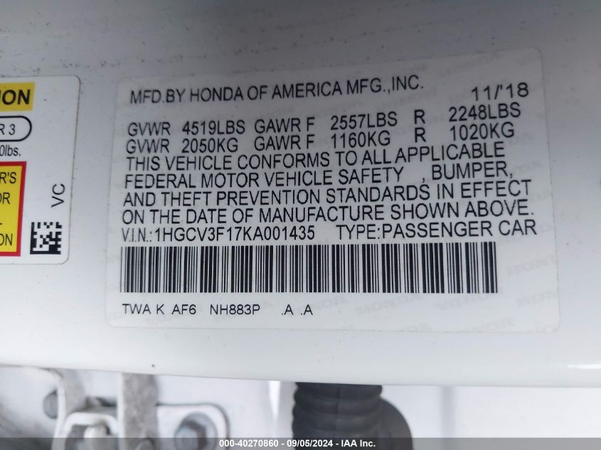 1HGCV3F17KA001435 2019 Honda Accord Hybrid