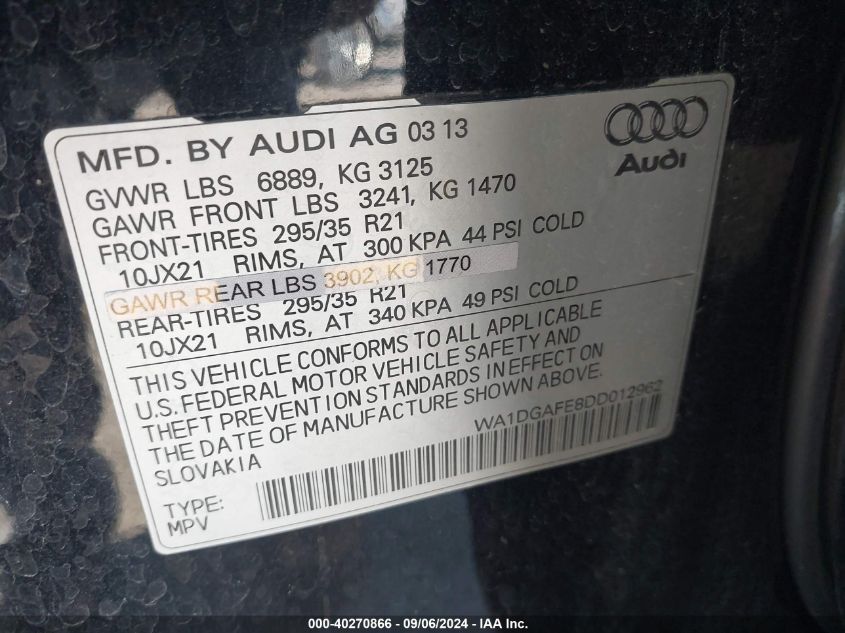 WA1DGAFE8DD012962 2013 Audi Q7 3.0T S Line Prestige