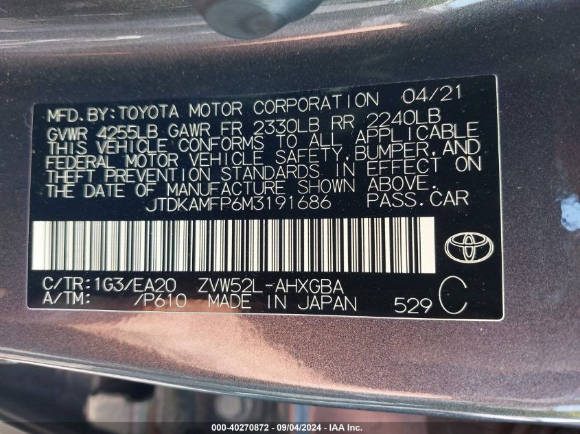 2021 Toyota Prius Prime Xle VIN: JTDKAMFP6M3191686 Lot: 40270872