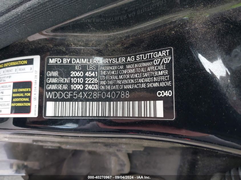 2008 Mercedes-Benz C 300 Luxury/Sport VIN: WDDGF54X28F040788 Lot: 40270967