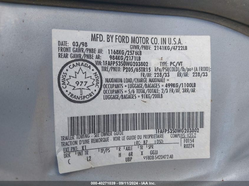 1FAFP53S0WG203802 1998 Ford Taurus Se Comfort