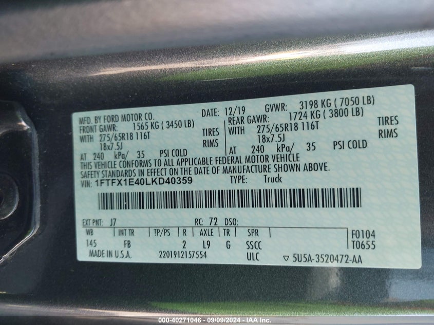 VIN 1FTFX1E40LKD40359 2020 FORD F-150 XLT