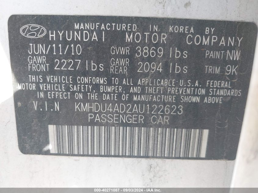 2010 Hyundai Elantra Gls VIN: KMHDU4AD2AU122623 Lot: 40271087