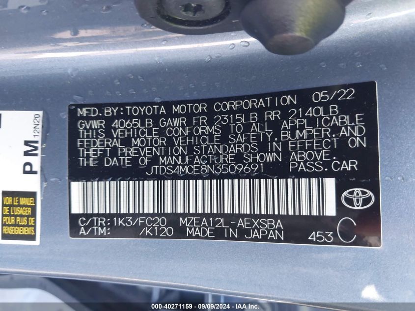 2022 Toyota Corolla Se VIN: JTDS4MCE8N3509691 Lot: 40271159