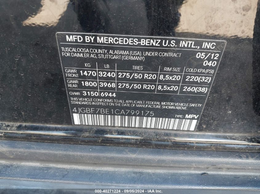 4JGBF7BE1CA799175 2012 Mercedes-Benz Gl 450 4Matic