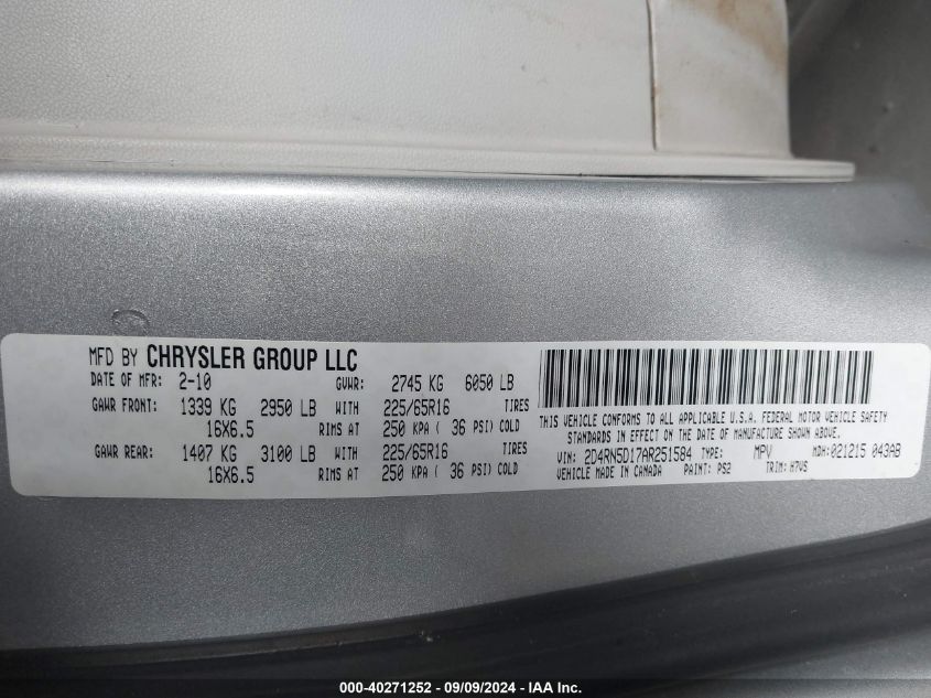 2010 Dodge Grand Caravan Sxt VIN: 2D4RN5D17AR251584 Lot: 40271252