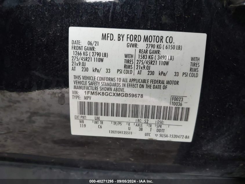 2021 Ford Explorer St VIN: 1FM5K8GCXMGB59678 Lot: 40271295