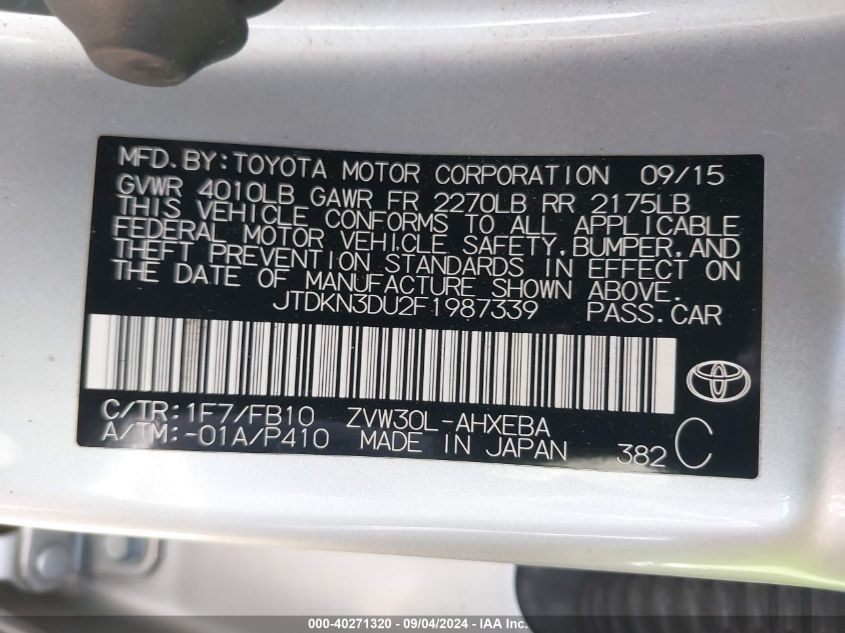 2015 Toyota Prius Two VIN: JTDKN3DU2F1987339 Lot: 40271320