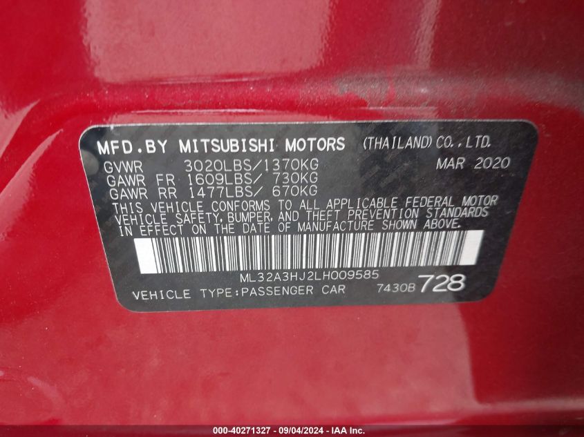 ML32A3HJ2LH009585 2020 Mitsubishi Mirage Es/Se