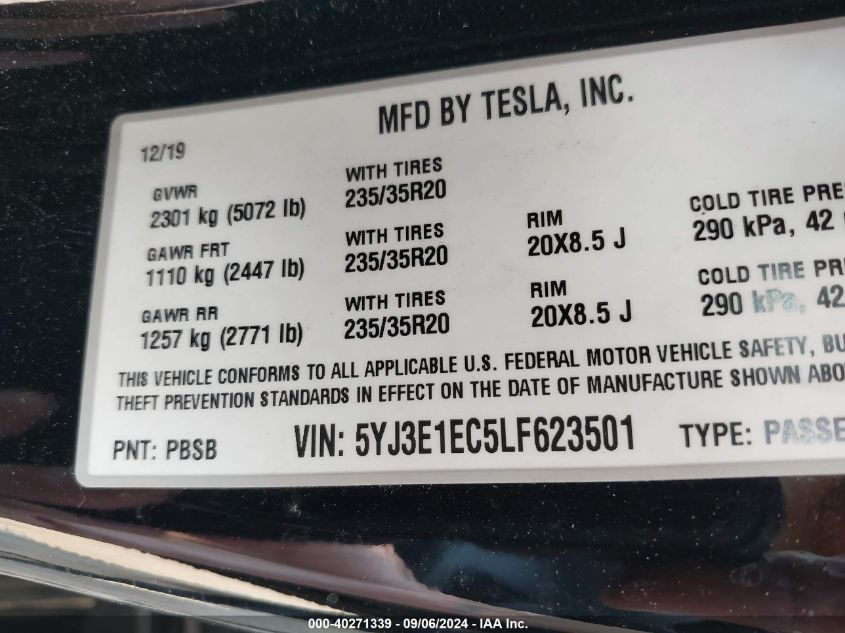 2020 Tesla Model 3 Performance Dual Motor All-Wheel Drive VIN: 5YJ3E1EC5LF623501 Lot: 40271339