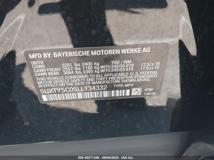 2020 BMW X3 xDrive30I VIN: 5UXTY5C05LLT34332 Lot: 40271349