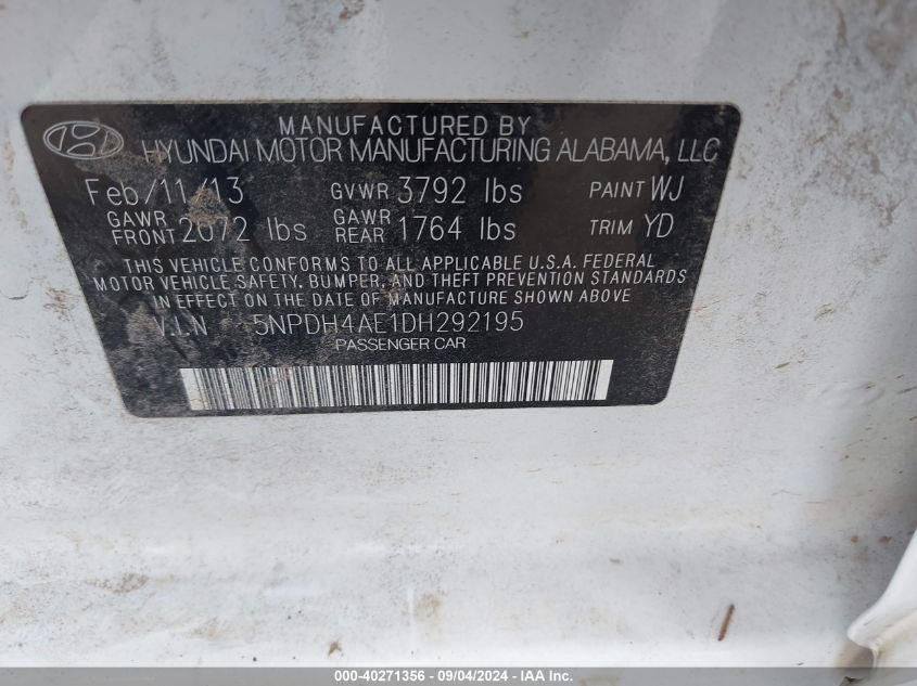5NPDH4AE1DH292195 2013 Hyundai Elantra Gls
