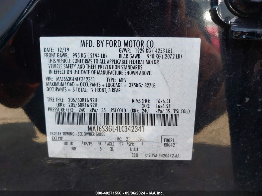 2020 Ford Ecosport Se VIN: MAJ6S3GL4LC342341 Lot: 40271550