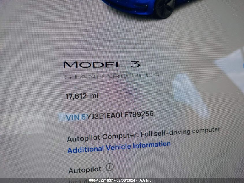 2020 Tesla Model 3 Standard Range Plus Rear-Wheel Drive/Standard Range Rear-Wheel Drive VIN: 5YJ3E1EA0LF799256 Lot: 40271637