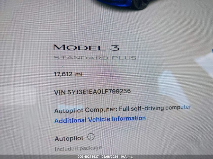 2020 Tesla Model 3 Standard Range Plus Rear-Wheel Drive/Standard Range Rear-Wheel Drive VIN: 5YJ3E1EA0LF799256 Lot: 40271637