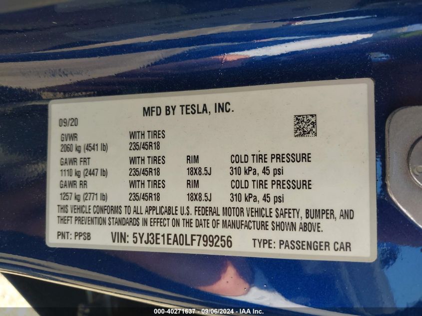 2020 Tesla Model 3 Standard Range Plus Rear-Wheel Drive/Standard Range Rear-Wheel Drive VIN: 5YJ3E1EA0LF799256 Lot: 40271637