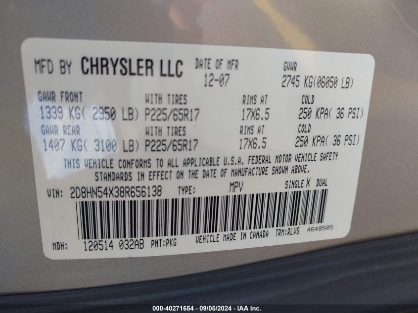 2008 Dodge Grand Caravan Sxt VIN: 2D8HN54X38R656138 Lot: 40271654