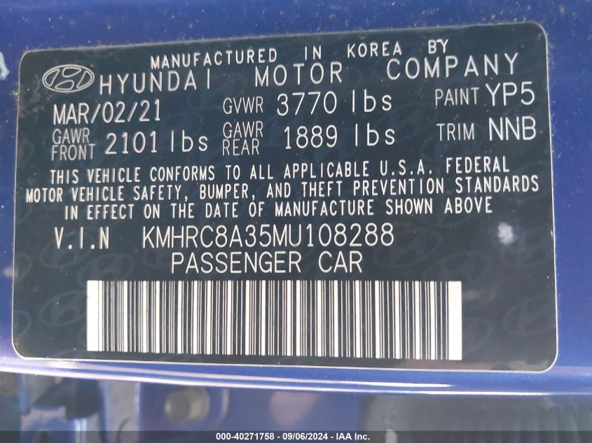 KMHRC8A35MU108288 2021 Hyundai Venue Sel