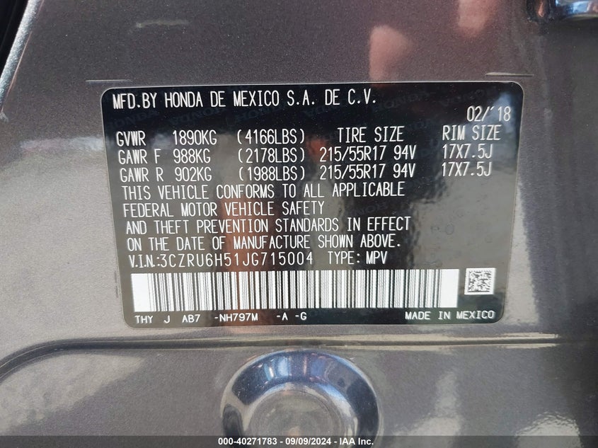 2018 HONDA HR-V EX - 3CZRU6H51JG715004