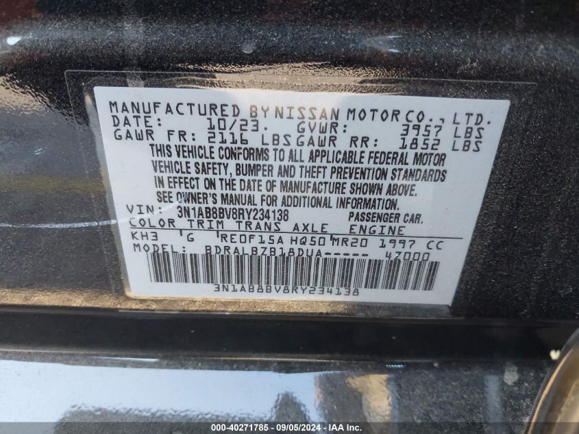 2024 Nissan Sentra S Xtronic Cvt VIN: 3N1AB8BV8RY234138 Lot: 40271785