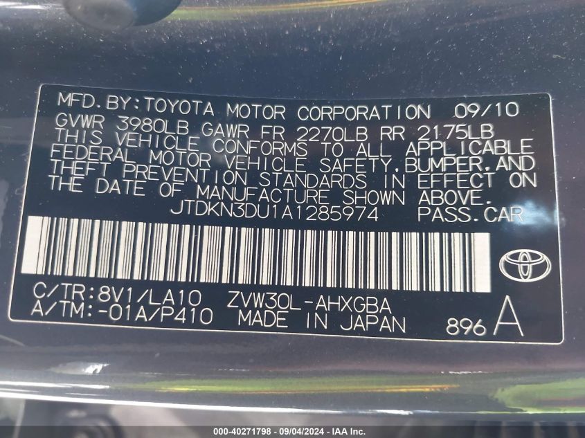 2010 Toyota Prius Iv VIN: JTDKN3DU1A1285974 Lot: 40271798