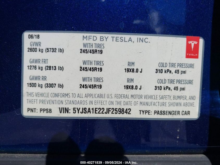 5YJSA1E22JF259842 2018 Tesla Model S 100D/75D/P100D