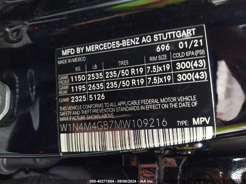 2021 Mercedes-Benz Glb 250 VIN: W1N4M4GB7MW109216 Lot: 40271854