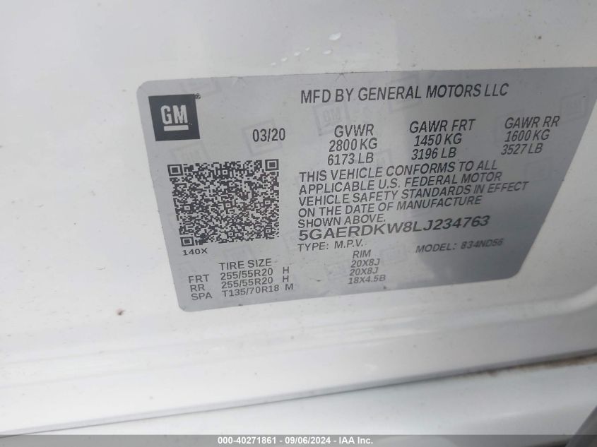 5GAERDKW8LJ234763 2020 Buick Enclave Fwd Avenir