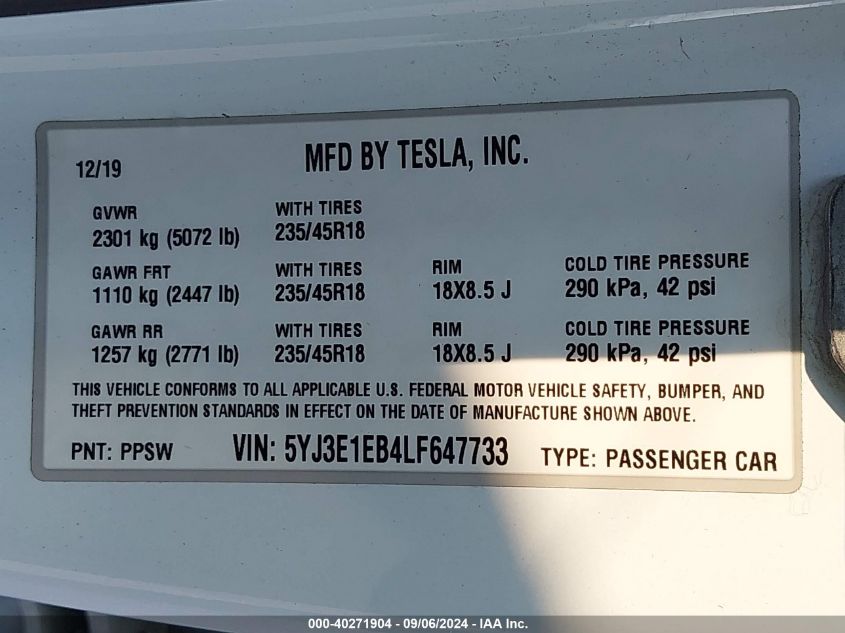 2020 Tesla Model 3 Long Range Dual Motor All-Wheel Drive VIN: 5YJ3E1EB4LF647733 Lot: 40271904