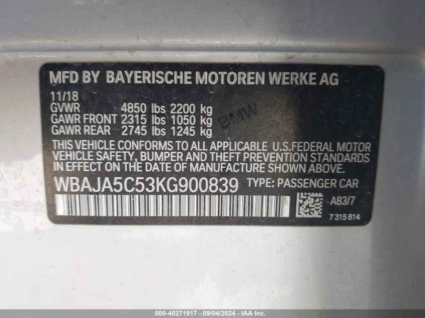 WBAJA5C53KG900839 2019 BMW 530I