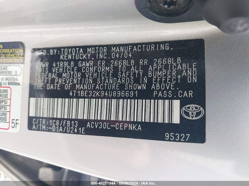 4T1BE32K94U896691 2004 Toyota Camry Le