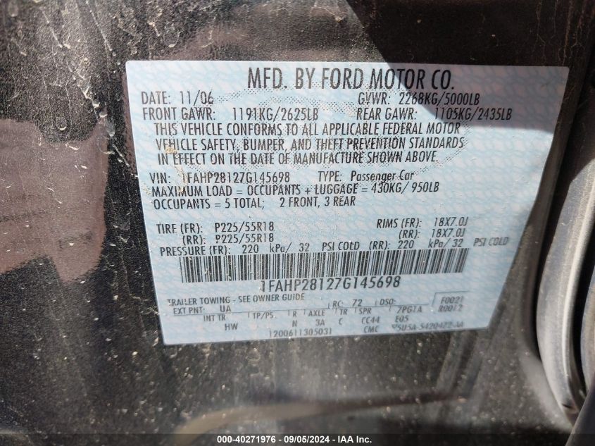 1FAHP28127G145698 2007 Ford Five Hundred Limited