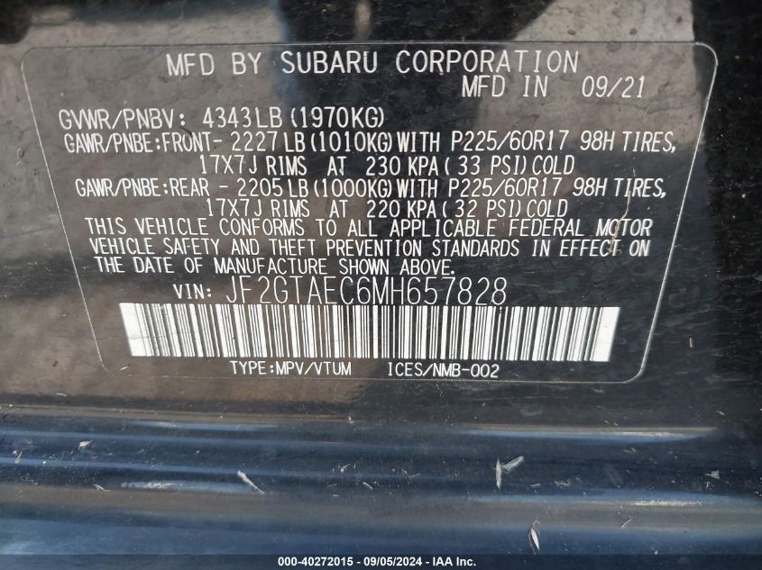 JF2GTAEC6MH657828 2021 Subaru Crosstrek Premium