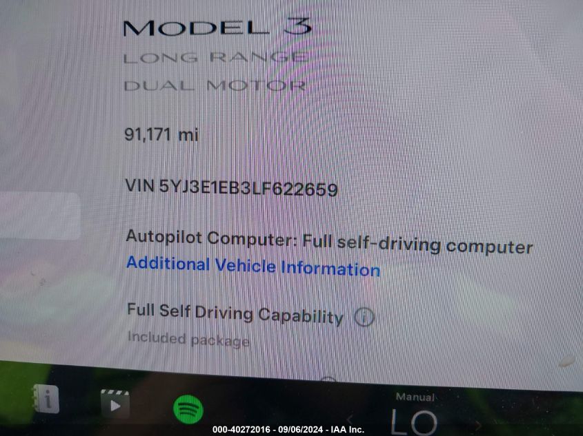 2020 Tesla Model 3 Long Range Dual Motor All-Wheel Drive VIN: 5YJ3E1EB3LF622659 Lot: 40272016