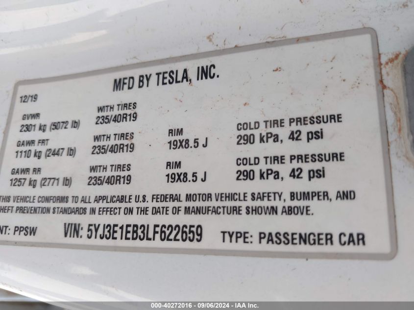 2020 Tesla Model 3 Long Range Dual Motor All-Wheel Drive VIN: 5YJ3E1EB3LF622659 Lot: 40272016