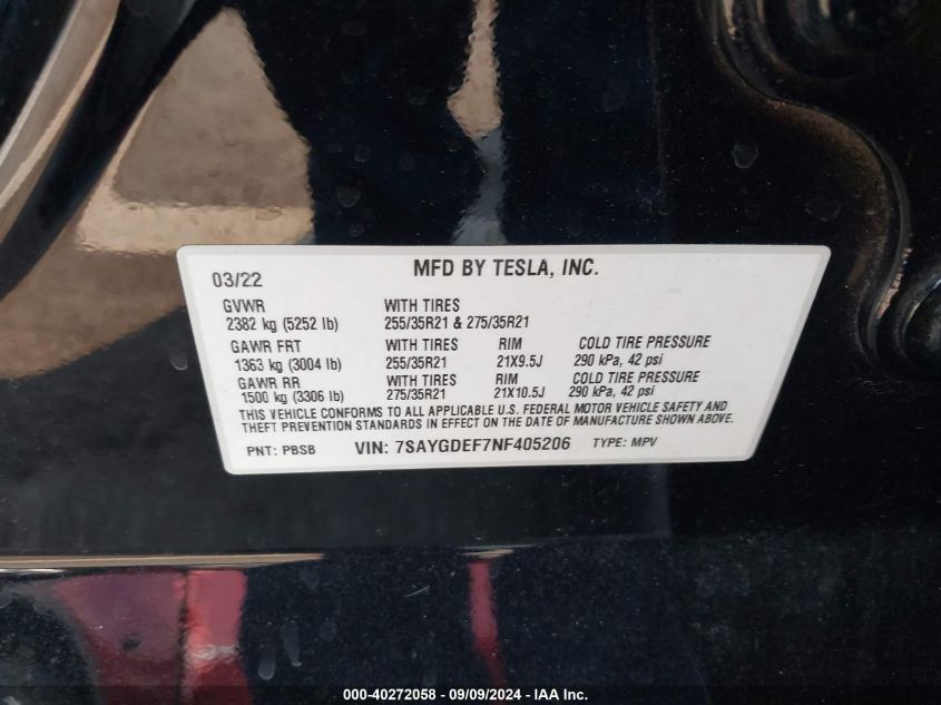 2022 Tesla Model Y Performance Dual Motor All-Wheel Drive VIN: 7SAYGDEF7NF405206 Lot: 40272058