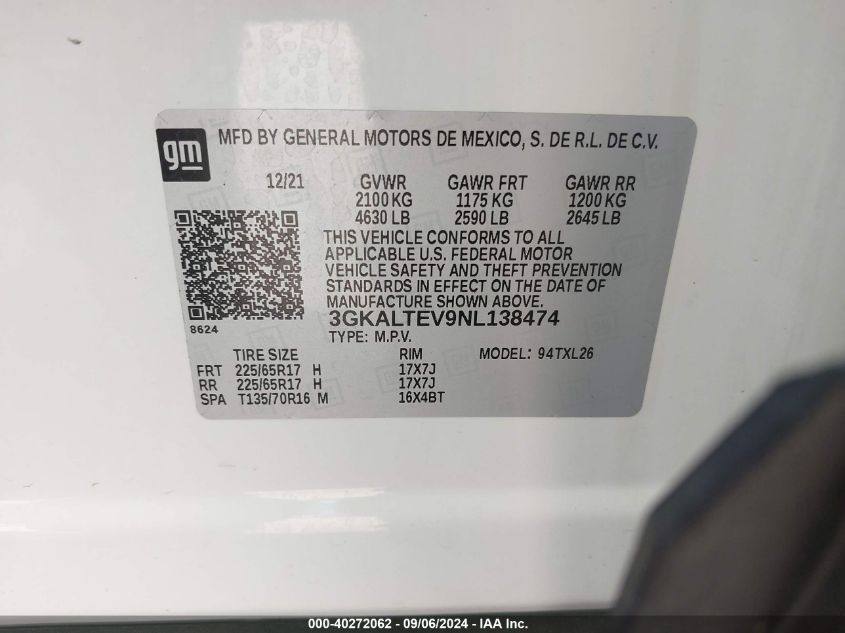 3GKALTEV9NL138474 2022 GMC Terrain Awd Sle