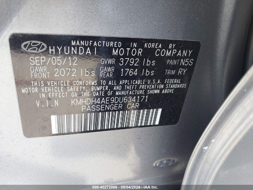 2013 Hyundai Elantra Limited VIN: KMHDH4AE9DU634171 Lot: 40272066