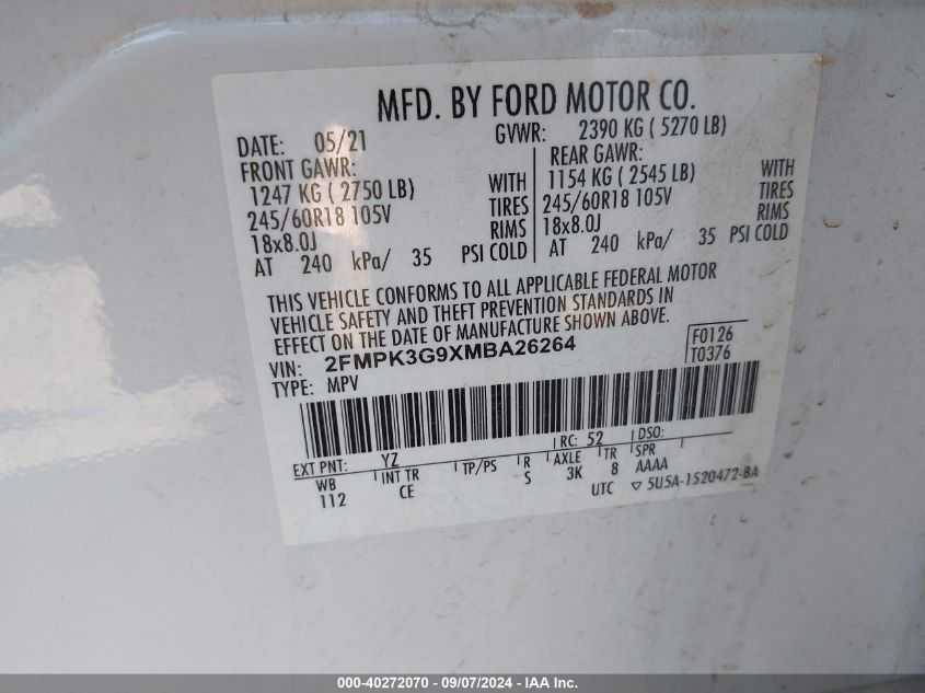 2021 Ford Edge Se VIN: 2FMPK3G9XMBA26264 Lot: 40272070