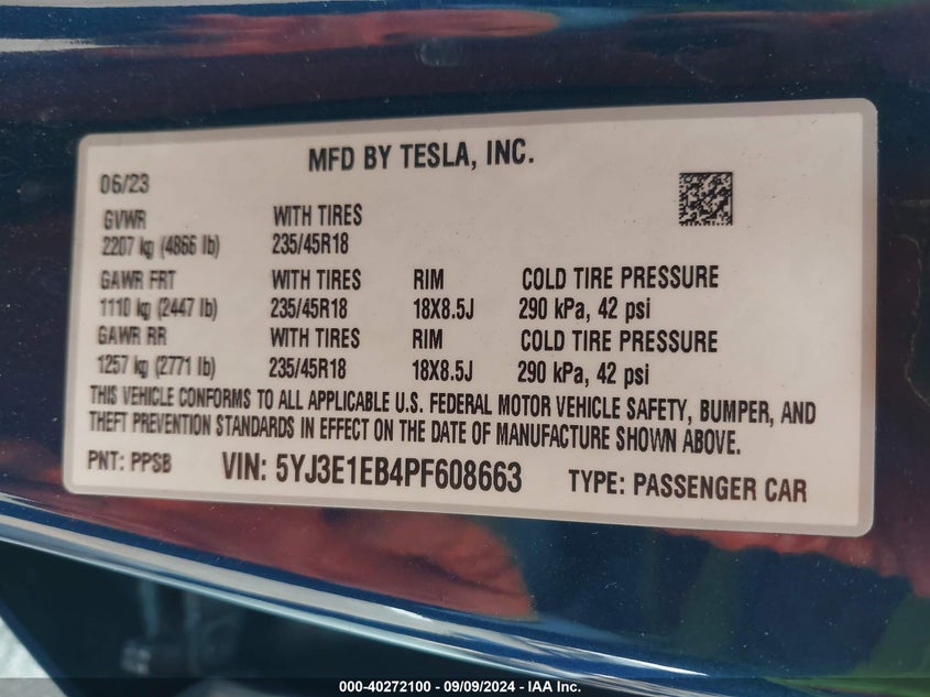 VIN 5YJ3E1EB4PF608663 2023 TESLA MODEL 3 LONG RANGE DUAL MOTOR ALL-WHEEL DRIVE