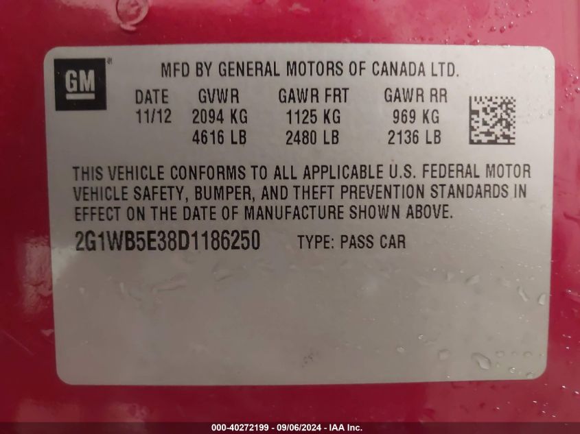 2G1WB5E38D1186250 2013 Chevrolet Impala Lt