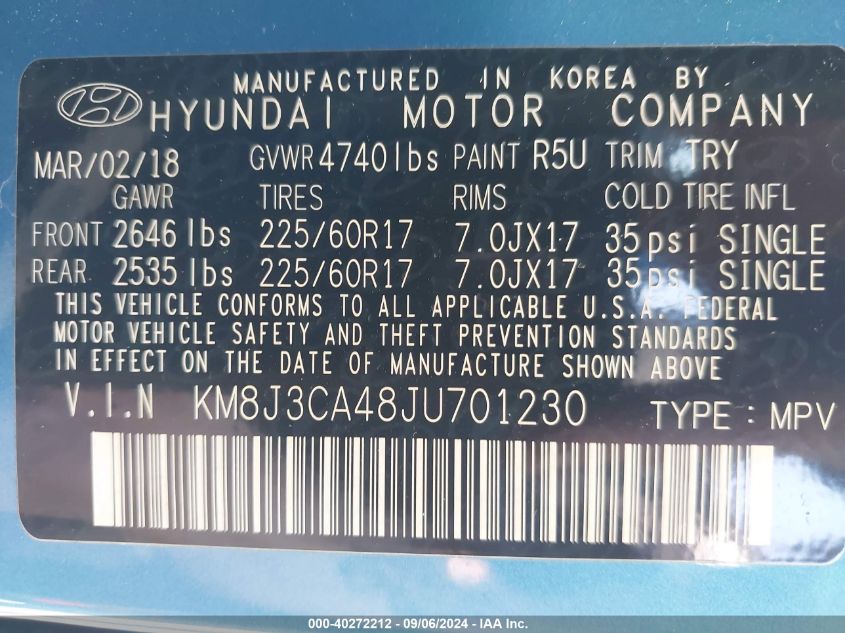 KM8J3CA48JU701230 2018 Hyundai Tucson Sel