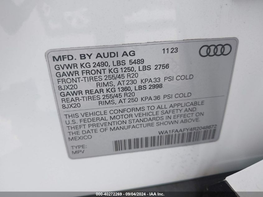 2024 Audi Q5 Prestige 45 Tfsi S Line Quattro S Tronic VIN: WA1FAAFY4R2048672 Lot: 40272269