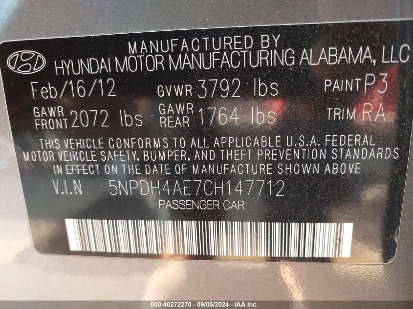 5NPDH4AE7CH147712 2012 Hyundai Elantra Gls/Limited